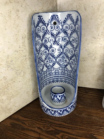 Vintage Porcelain Blue And White Desk Or Wall Sconce Geometric Tapestry Design Cover