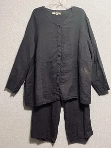 FLAX Linen Set Womens Tunic Top Sz 2G Pants Sz 3G Charcoal Grey FLAW - Picture 1 of 8