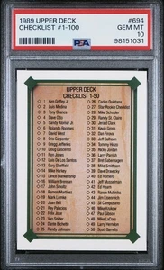 1989 UPPER DECK #694 CHECKLIST #1-100 KEN GRIFFEY ROOKIE #1 PSA 10 Rare Pop 29 ! - Picture 1 of 4