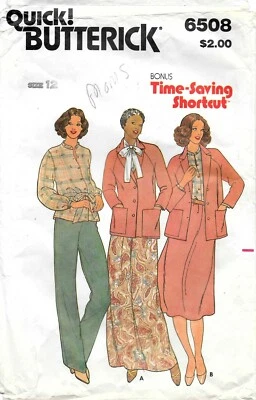 Vintage Butterick # 6508 Sewing Pattern: Misses' Jacket Tie Skirt Pants; Size 12 - Image 1 of 2