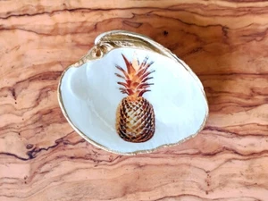 Pineapple Decoupage Clam Shell - Gold & White Ring Dish, Seashell Trinket Dish - Picture 1 of 8