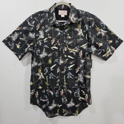 Filson Twin Lakes Short Sleeve Sport Shirt Offshore Catch Fish Print Black Small - Image 1 of 4
