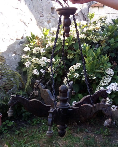 2/ANTIQUE FRENCH LUSTER WOOD CARVED GOTHIC DRAGONS 6 ARM LAMP CHANDELIER CHIMERA Cover