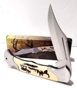 White Smooth Bone Buck Deer Scrimshaw Hunting Skinning Lockback Pocket Knife - Picture 1 of 5