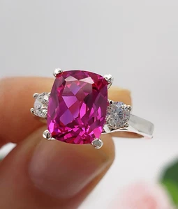 Anello di Fidanzamento 4,60 Ct Taglio Cuscino Vero Zaffiro Rosa Diamante Oro Bianco 14K - Foto 1 di 13