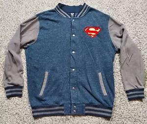 Superman DC Comics Jacket Large Blue Mens Varsity Logo Snap Button Lightweight - Picture 1 of 6