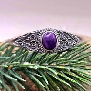Nature Sugilite Sterling Silver S925 Stamped Cuff Bangle - Picture 1 of 10