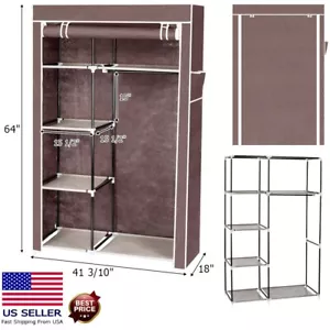 Portable Closet Storage Organizer Wardrobe Clothes Rack with Shelves And Hanging - Picture 1 of 16