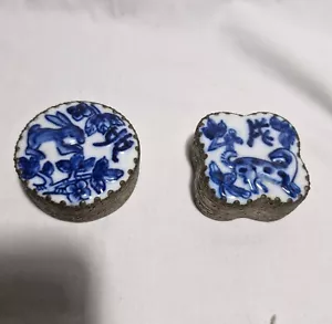 2PCS Chinese handpainted blue white porcelain inlaid metal trinket boxe - Bild 1 von 9