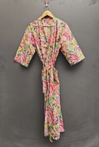 Cotton Long Kimono Baby Pink Leaf Print Women's Nightwear Indian Robe Gown Dress