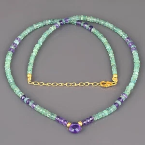 Natural Colombian Emerald & Amethyst Rondelle Beads Handmade Chain Necklace 18" - Picture 1 of 5