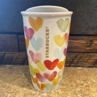Starbucks Watercolor Hearts 2015 vaso de viaje de cerámica taza de 10 oz con tapa usado en excelente estado Foto 1 de 4