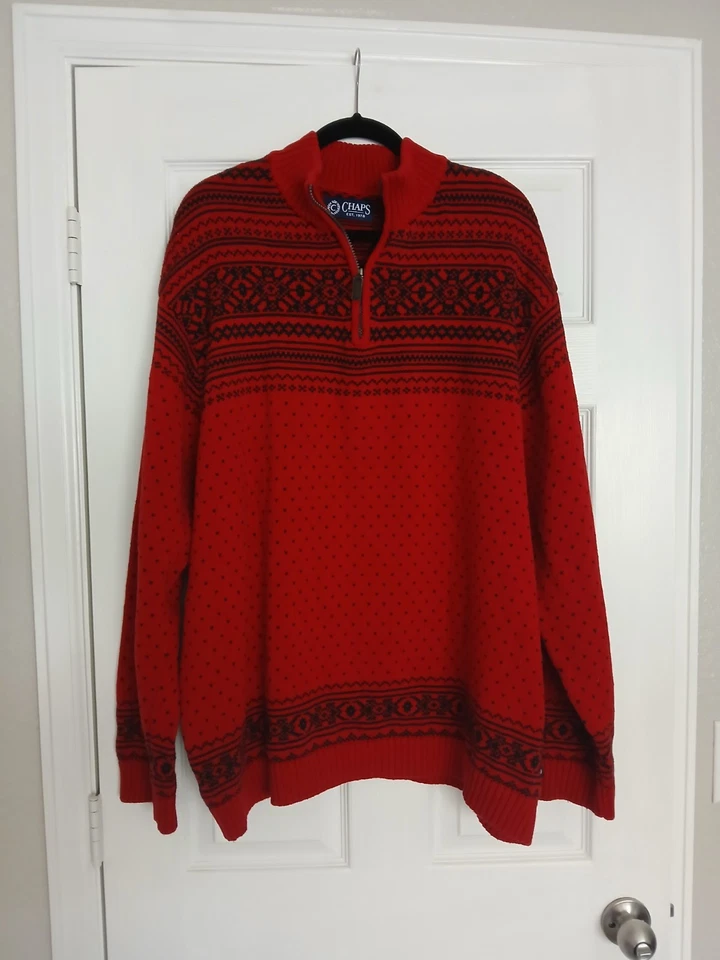 Suéter Chaps Para Hombres 3XT Rojo Negro Fair Isle Navidad 1/4 Cremallera Algodón Vacaciones Foto 1 de 4