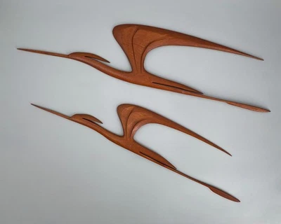 * 2x WANDOBJEKT FLIEGENDER KRANICH TEAKHOLZ 60ER VINTAGE TIER - Bild 1 von 4