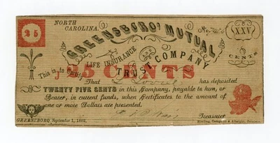 1862 25c Greensboro' Mutual Life Insurance and Trust Co - NORTH CAROLINA Note - Image 1 of 2
