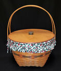 LONGABERGER 17 x 12 Round CHRISTMAS BASKET with LID  Handles Holly Liner