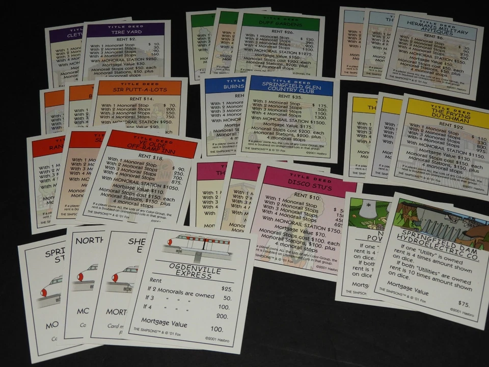 2001 MONOPOLY SIMPSONS Replacement Set TITLE DEED CARDS Springfield Destinations - Image 1 of 1