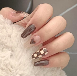 24pcs M Almond Brown White Checker Heart Fake Nail False Nail Press On Nail Glue - Picture 1 of 9