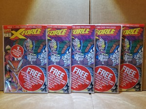 X Force #1 - Lot of 5 - Poly-bagged with Sunspot & Gideon Trading Card - 1991