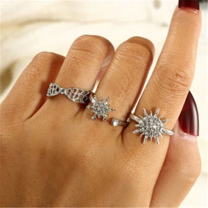 3 Pcs/set Fashion Bohemia Snowflake Crystal Gem Ring Sets Vintage Silver Jewelry - Picture 1 of 9