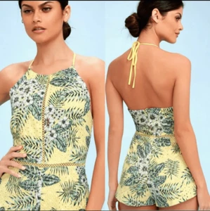 BB Dakota Schiffer Yellow Tropical Print Halter Romper Women Size 0 - Picture 1 of 9