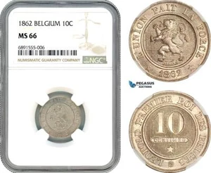 AJ914, Belgium, Leopold II, 10 Centimes 1862, Brussels Mint, NGC MS66 - Picture 1 of 1