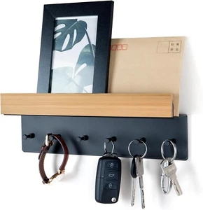 Schlüsselbrett Holz mit Ablage und 6 Haken Schlüsselhalter Schlüsselleiste B989 - Bild 1 von 7