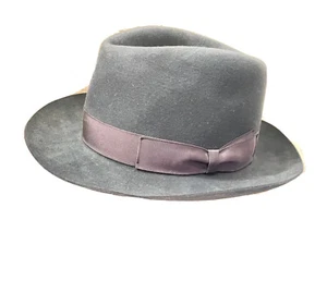 VTG BORSALINO BLACK GRAY FUR FELT FEDORA HAT SZ 7 57 MADE ITALY WATER REPELLENT - Picture 1 of 8