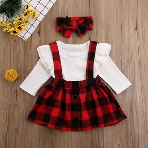 Newborn Baby Girl Romper Top Strap Dress Headband Plaid Outfit Clothes