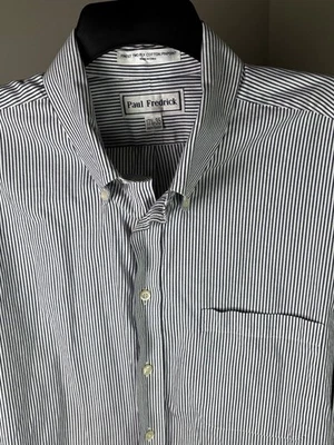 Paul Fredrick men’s dress shirt blue white pinpoint stripe oxford cotton crisp - Image 1 of 4