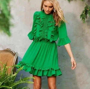 EUC Happy x Nature Womens M Green Lark Ruffle Prairie Dress Boho 3/4 Sleeve - Picture 1 of 4