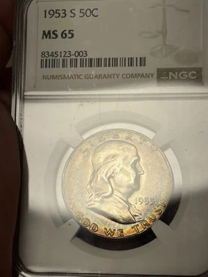 1953 S 50c FRANKLIN Half Dollar Mint Set toning NGC MS65 MS 65 album toning tone - Image 1 of 4