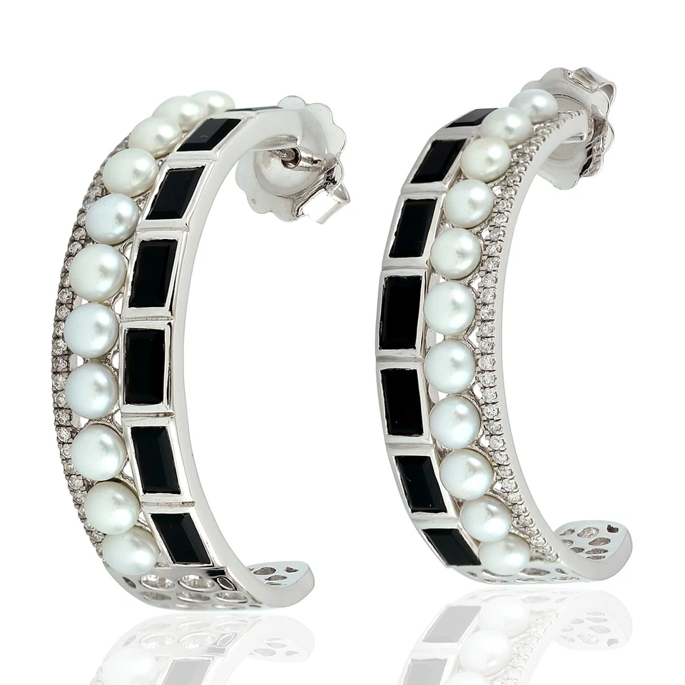 Pendientes de aro de ónix natural Black Friday joyería de diamantes de oro bl... - Imagen 1 de 4