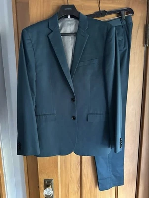 Chaqueta de traje Express ajustada verde azulado elástico mezcla de algodón talla 42R pantalones 33/32 Foto 1 de 4