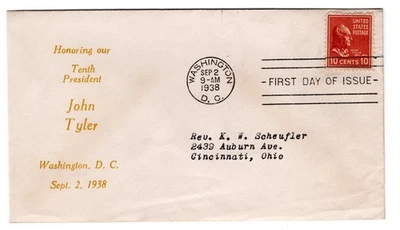 #815 Presidential Series 10c John Tyler 1938 FDC - Chambers #76 - Image 1 of 2