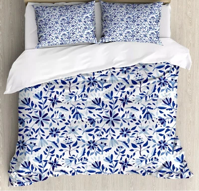 Ambesonne Blue Queen Duvet Set Pillow Shams Modern Flowers Leaves Buds Print Foto 1 de 2