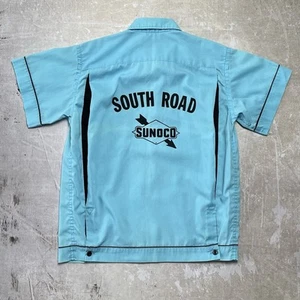 Vintage 50s Hilton Bowling Button-up Shirt Sunoco Petroleum Sponsor Light Blue - Picture 1 of 6