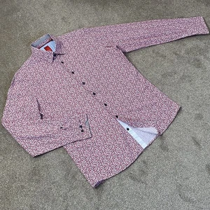 PURE Shirt Red & White Floral Slim Fit Long Sleeve Cotton Shirt Large - Picture 1 of 6