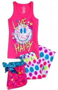 NWT Justice Girls Live Happy Smile 3pc Tank Pants Pajamas Sleep Set 6/7 NEW - Picture 1 of 1