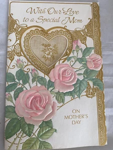 Classic Elegance Used Mother's Day Greeting Card Die Cut Pink Roses Gold Hearts - Picture 1 of 4