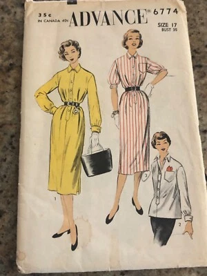 🦋 1954 ADVANCE #6774 - LADIES SHIRT or STRAIGHT LINE SHIRT DRESS PATTERN 17 FF - Image 1 of 2