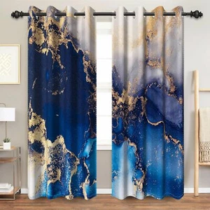 Renaiss Blue Gold Marble Blackout Curtains, Modern Deep Blue Marble Room Dark... - Picture 1 of 7