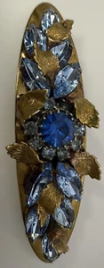 Gorgeous Vintage Blue Rhinestones Gold Tone Leaves Hair Clip - Picture 1 of 10