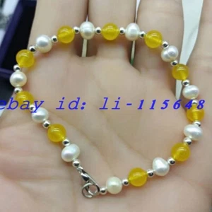 Natural 6-7mm White Pearl & 8mm Yellow Topaz Round Gemstone Bead Bracelet 7.5" - Picture 1 of 6