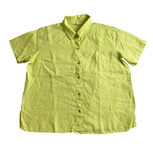 Eileen Fisher camicia donna lino verde medio con bottoni boxy fit manica corta M - Foto 1 di 11