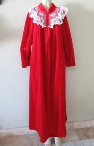 RED Velvet House Coat Dress L PRETTY LOOKS embroidered lace Ruffle Zip VTG xmas - Picture 1 of 9