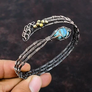 Copper Copper Blue Turquoise Gemstone Trendy Handcrafted Wire Wrapped New Bangle - Picture 1 of 6