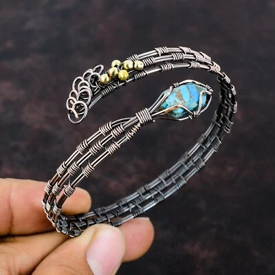 Cobre Cobre Azul Turquesa Pedra Preciosa Moda Artesanal Fio Envolto Nova Pulseira - Imagem 1 de 4
