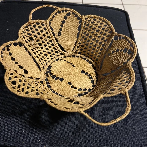 Vtg Grass Woven Lace Basket Metal Frame Fine Detail Work Bowl Cover