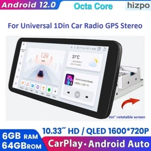 Single 1DIN Rotatable 10.33" TouchScreen Carplay Stereo Radio 6+64GB Android GPS - Picture 1 of 23